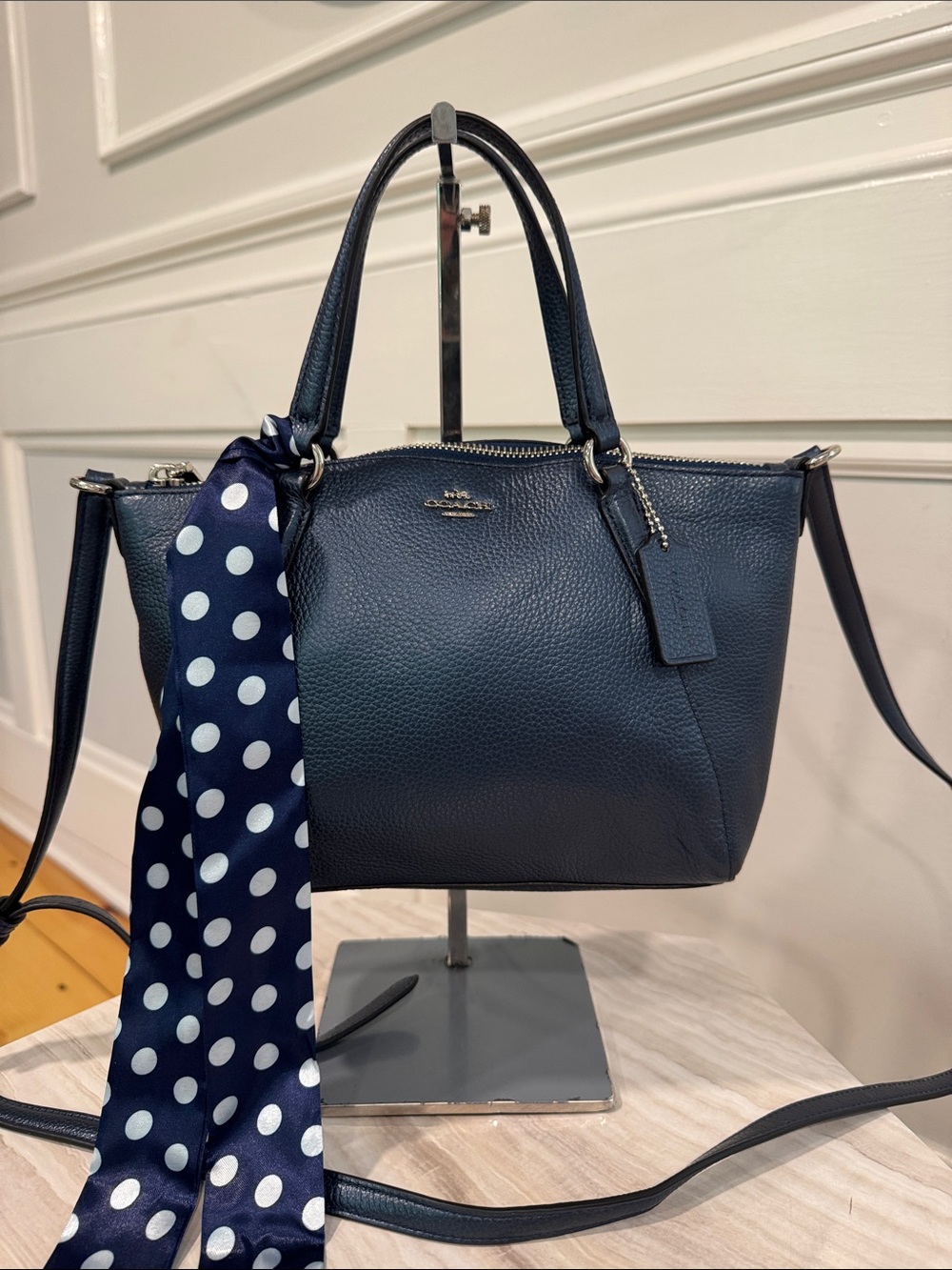 COACH Bag Mini Kelsey Pebbled Leather Metallic Navy Tote Crossbody - Picture 4 of 17